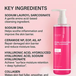Détails des ingrédients du gel nettoyant hydratant PDRN, acide hyaluronique et collagène.