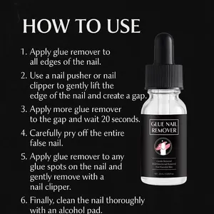 How to use guide for gentle liquid nail glue remover featuring a 20ml glass bottle dropper