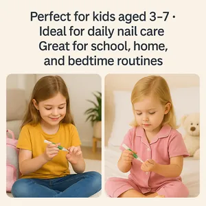 Two young girls using a portable nail care brush pen for daily nail treatment routine