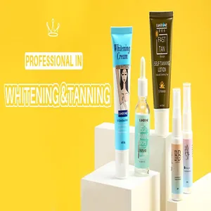 Set professionale cura della pelle con crema sbiancante e autoabbronzante su sfondo giallo