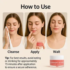 Instructional guide for Very Berry Overnight Lip Mask application steps with model