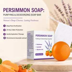 Vue détaillée du savon désodorisant au kaki 100g avec emballage et ingrédients frais