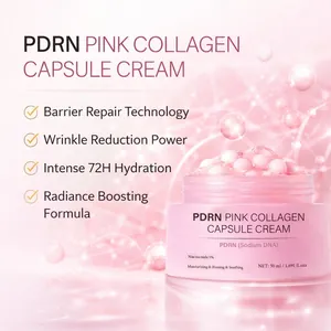 Detailed view of PDRN pink collagen capsule cream showing texture and 72H hydration claim