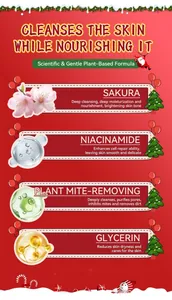 Infografica dettagliata degli ingredienti per sapone natalizio con Sakura e Niacinamide.