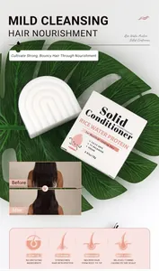 Detail view of Rice Water Protein solid conditioner bar with before and after results