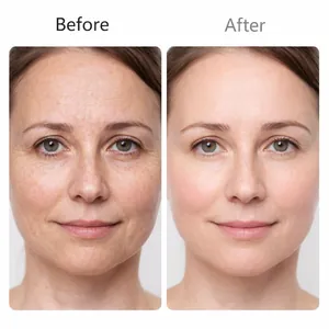 Before and after skincare comparison showing anti-wrinkle results of collagen cream