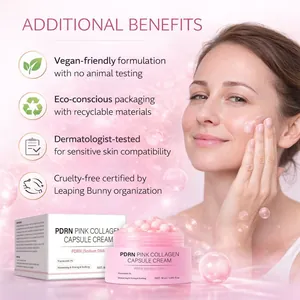 Close-up of PDRN pink collagen capsule cream with key benefit icons and female model