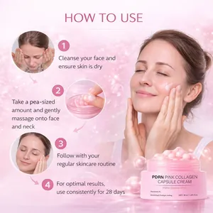Detail view showing steps for applying PDRN Pink Collagen Capsule Cream for face care