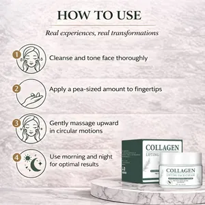 Infographic detail showing 4-step instructions for collagen lifting face cream application.