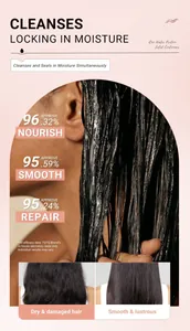 Rice water protein conditioner bar infographic showing hair repair and smoothing results.