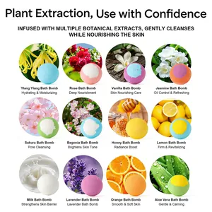 Detail display of 12 natural botanical bath bombs with floral and fruit essential oils