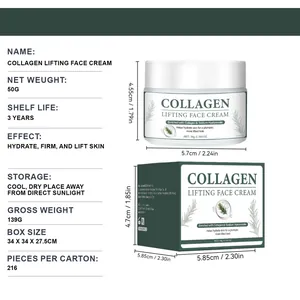 Detailed specifications for 50g collagen lifting face cream including box size and weight.