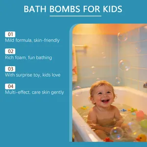 Happy baby playing in a bubble bath, detail view of kid-friendly bath bomb features