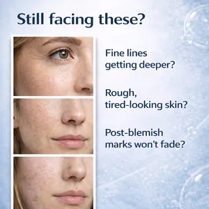 Comparison shots showing fine lines, rough skin texture, and post-blemish marks on face.