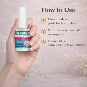 Step-by-step usage guide for keratin amino acid nail care serum in a 15ml bottle.