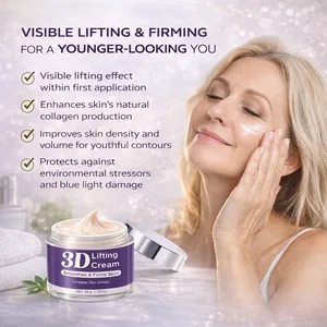 Dettaglio della crema lifting 3D e modella che mostra benefici anti-età e rassodanti