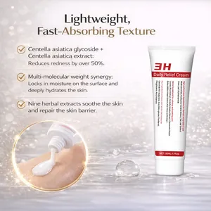 Detailed view of 3H Daily Relief Cream showing lightweight texture and key ingredients.