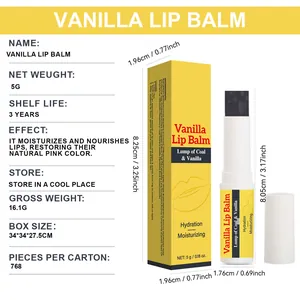 Vanilla lip balm product details showing dimensions and packaging features