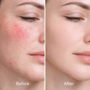 Detailed face comparison showing the soothing cream effect before and after use