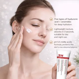 Model applying Daily Relief Cream with hydrating ingredients like hyaluronic acid