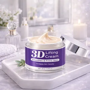 Primo piano del barattolo di crema lifting 3D con consistenza vellutata su vassoio