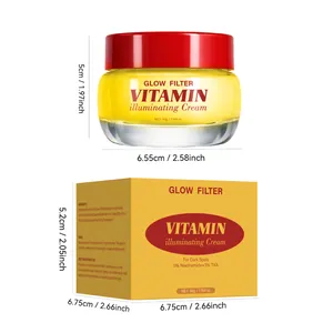 Detailed technical view showing GLOW FILTER Vitamin Cream jar and packaging box dimensions 50g