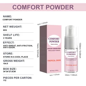 Λεπτομέρειες σπρέι σκόνης σώματος Comfort 60g με διαστάσεις και δράση κατά του ιδρώτα