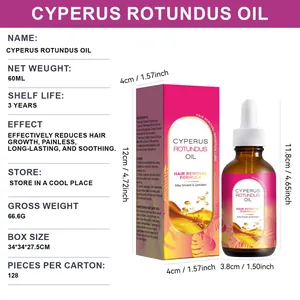 Detailed specs of Cyperus Rotundus Oil 60ml hair removal formula in drop bottle