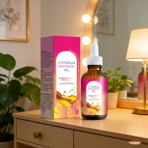 Detail view of Cyperus Rotundus Oil 60ml bottle and packaging on a dresser