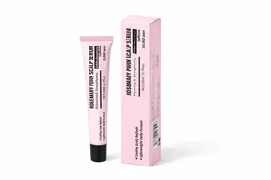 Detail shot of the 20ml Rosemary PDRN Scalp Serum tube next to its pink packaging box.