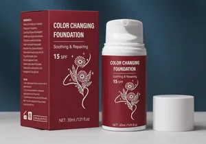 Color changing foundation 30ml shown with its matching red retail box and white cap.