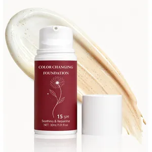 Macro detail view of 30ml color changing foundation bottle with creamy texture smear