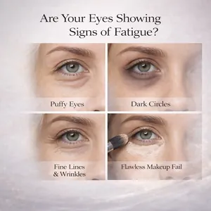 Detailed visual showing eye fatigue signs like dark circles and wrinkles for treatment