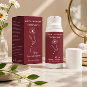 Detail of 30ml color changing foundation with SPF 15 and elegant floral decor