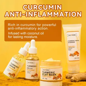Detailansicht des Sauvasine Kurkuma-Hautpflegesets mit Serum, Öl, Maske und Reiniger.