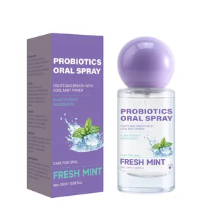 Spray bucal probiótico de 20 ml con sabor a menta fresca y caja de embalaje morada.