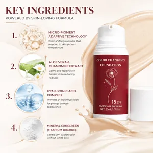 Detail of color changing foundation showing key ingredients like aloe and hyaluronic acid