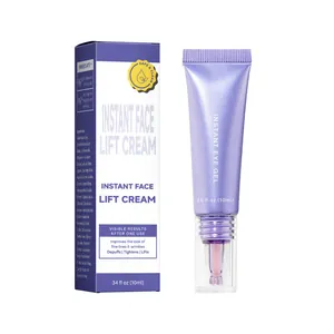 Detail view of purple Instant Lift Eye Gel tube and packaging box with ingredients list