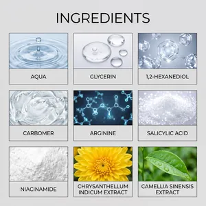 Hauptinhaltsstoffe der Niacinamid-Essenz wie Glycerin, Arginin und Salicylsäure