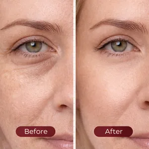 Before and after comparison of instant eye tightening serum effect