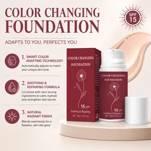 Detail highlighting color changing foundation benefits and SPF 15 sun protection