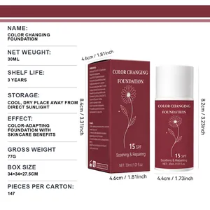 Detailed dimension specifications and usage parameters for 30ml color changing foundation