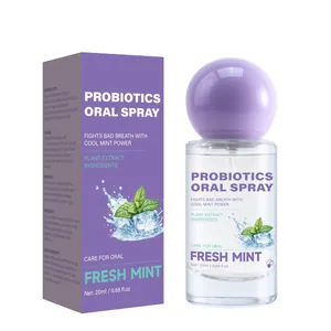 Spray bucal con probióticos 20ml sabor menta fresca en frasco y caja de color lila