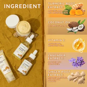 Detailansicht des Kurkuma-Hautpflegesets mit Serum Öl und natürlichen Inhaltsstoffen.