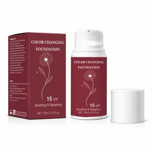 SPF 15 color changing foundation in a 30ml pump bottle with matching packaging box.