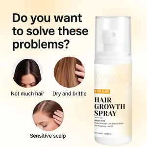 Detail showing hair growth spray solving thinning, dry hair, and scalp issues.