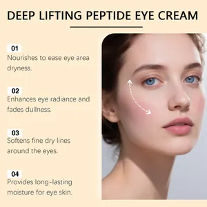 Detail of Deep Lifting Peptide Eye Cream showing benefits and model skin application.