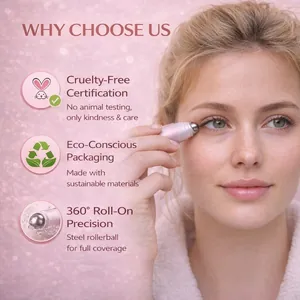 Professional close-up of a cooling steel eye massage rollerball applied to skin