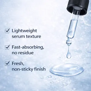 Macro detail of clear blue copper peptide serum texture with a glass dropper