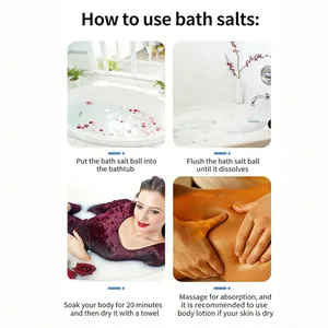 Four-step instructional guide for using toy-filled bath salt balls in the bathtub